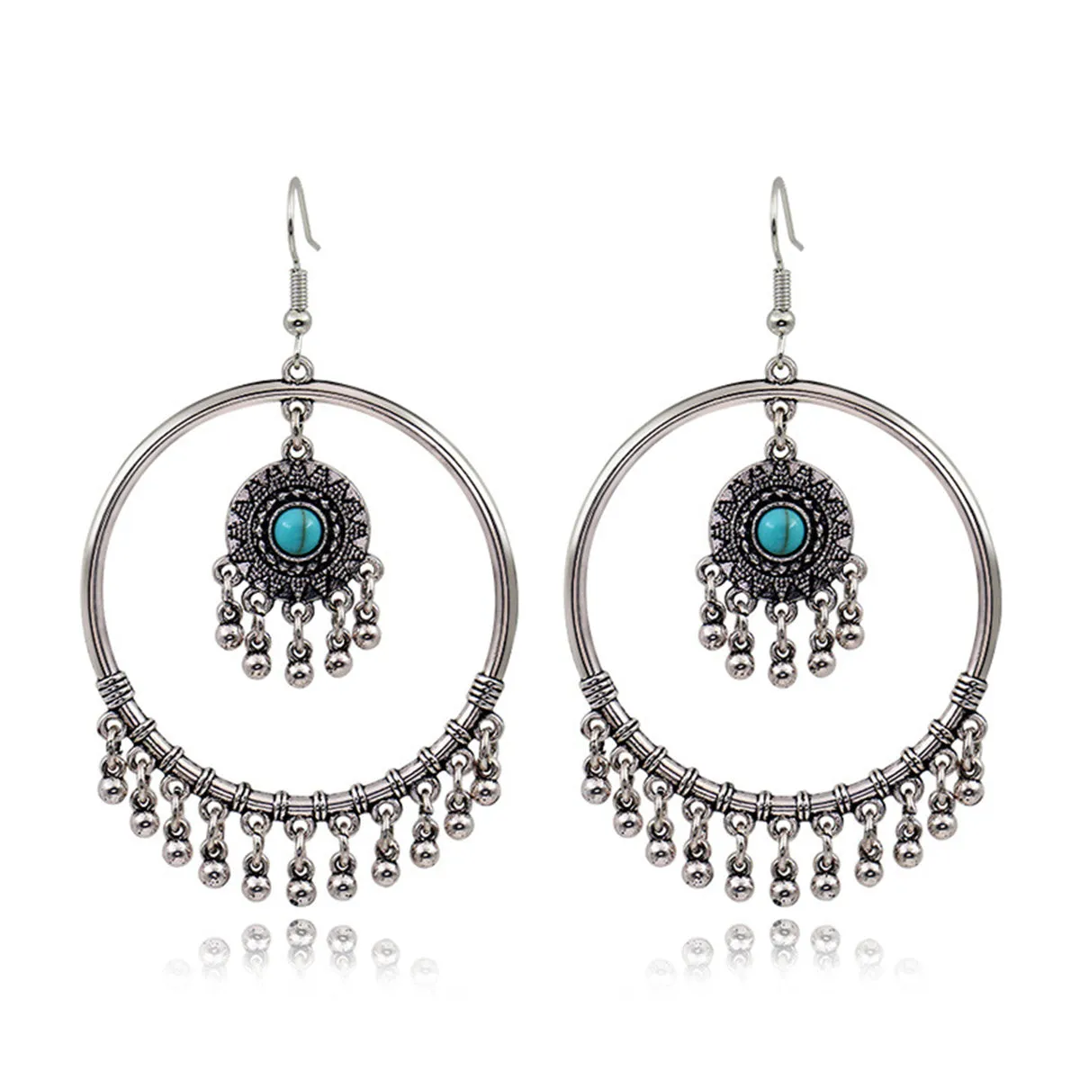 Turquoise & Silver-Plated Big Circle Drop Earrings
