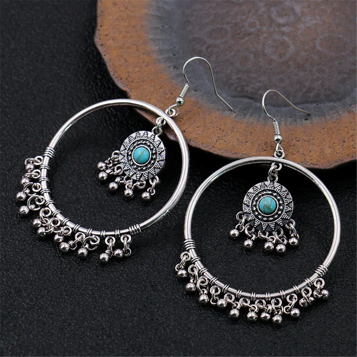 Turquoise & Silver-Plated Big Circle Drop Earrings