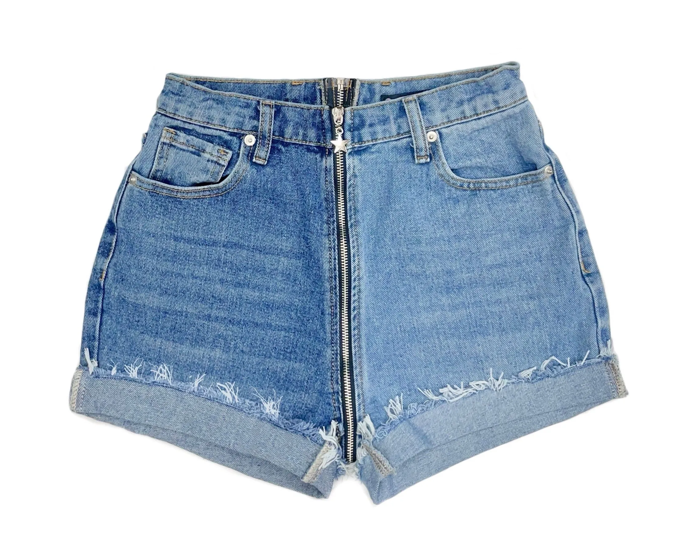Two Tone High Waisted Denim Shorts - Full Back Zipper - The Vivian
