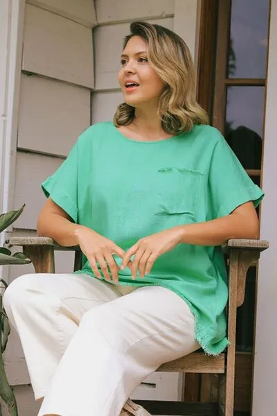 Umgee Full Size Linen Blend Cuffed Sleeve Frayed Hemline Top Plus Size