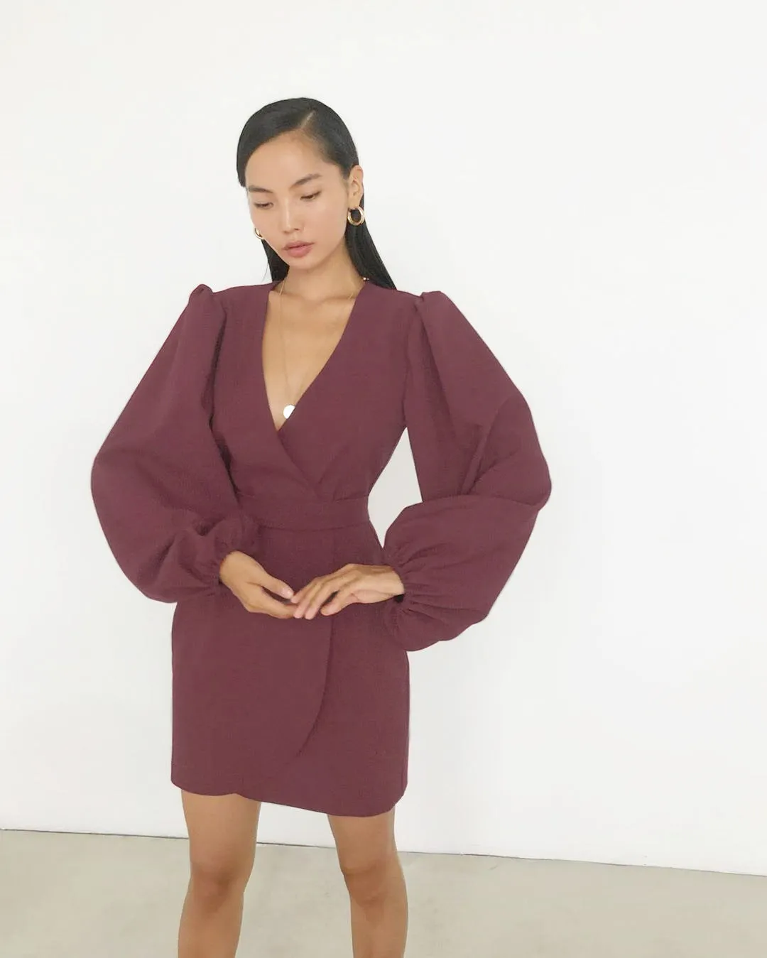 V-neck High Waist Lantern Sleeve Mini Dresses Purple