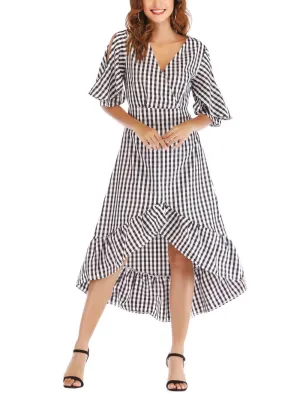 V-neck Mid-sleeve Plaid Waist Ruffled Irregular Dress