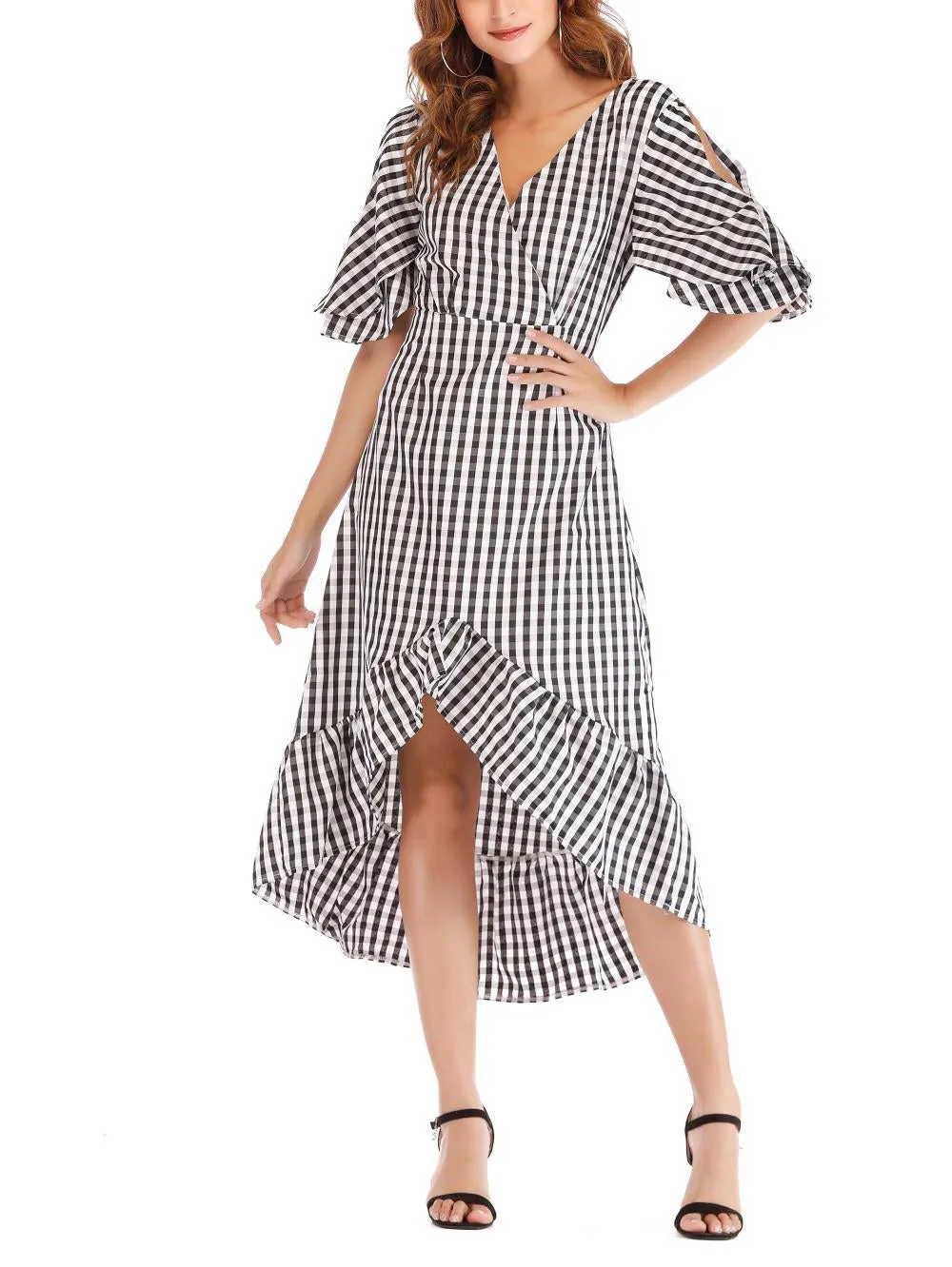 V-neck Mid-sleeve Plaid Waist Ruffled Irregular Dress