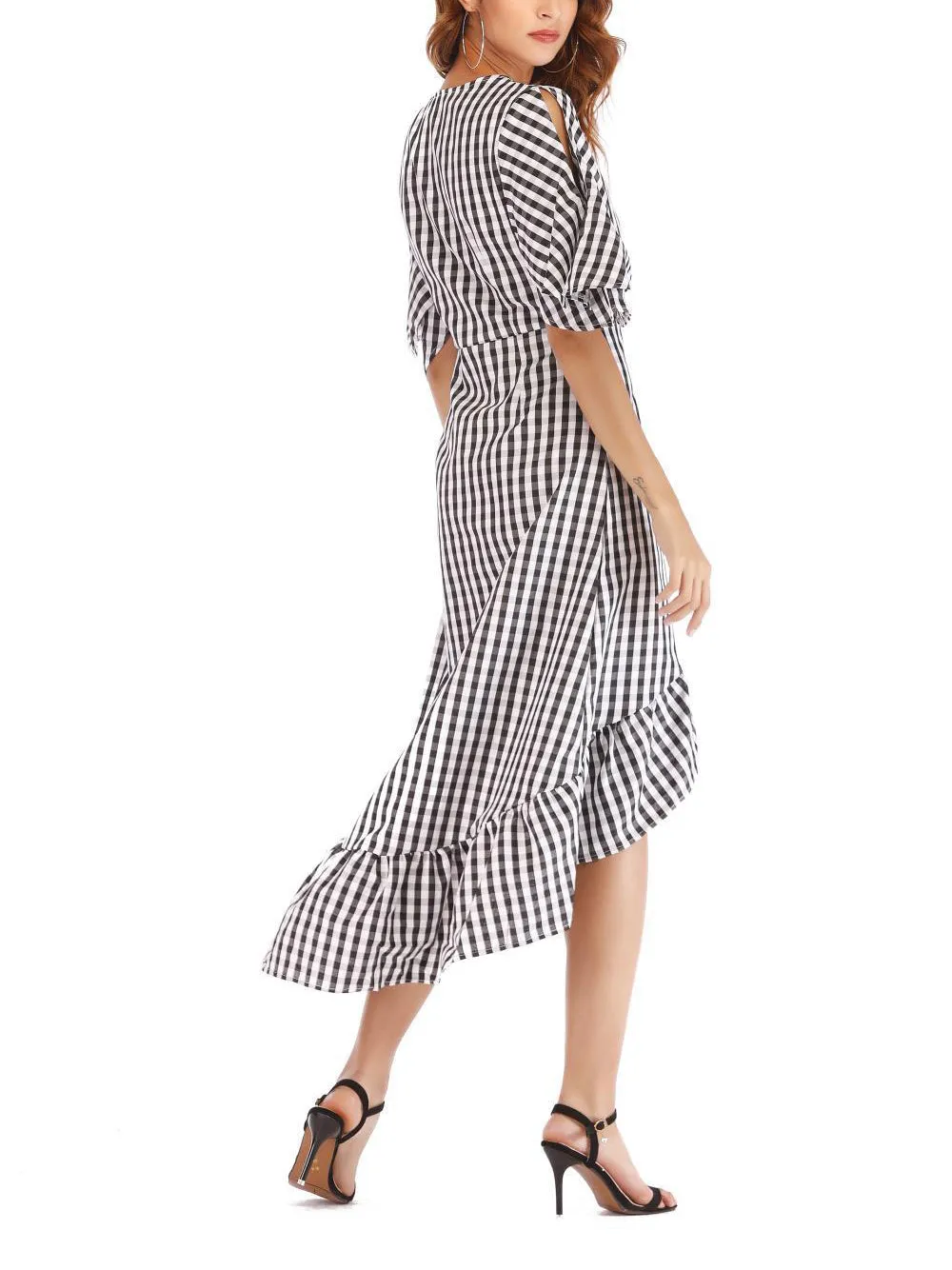 V-neck Mid-sleeve Plaid Waist Ruffled Irregular Dress