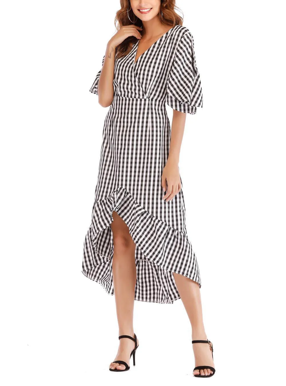 V-neck Mid-sleeve Plaid Waist Ruffled Irregular Dress