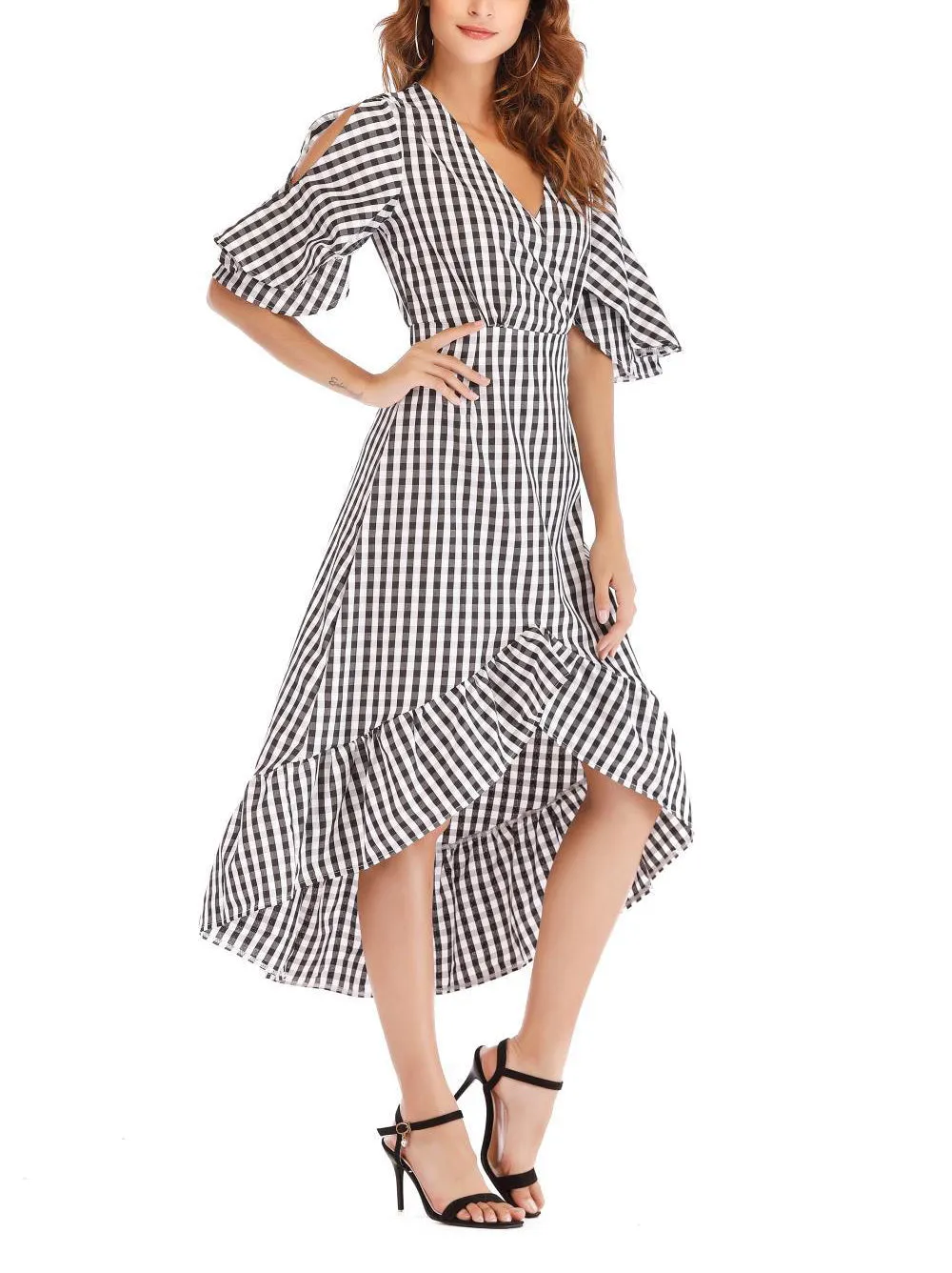 V-neck Mid-sleeve Plaid Waist Ruffled Irregular Dress