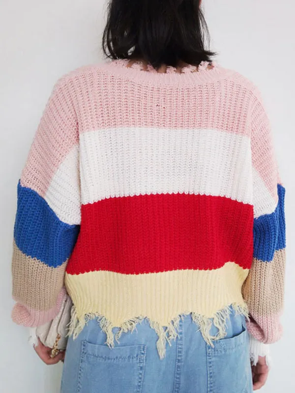 V-neck Rainbow Striped Pullover Tassel Loose Irregular Sweater