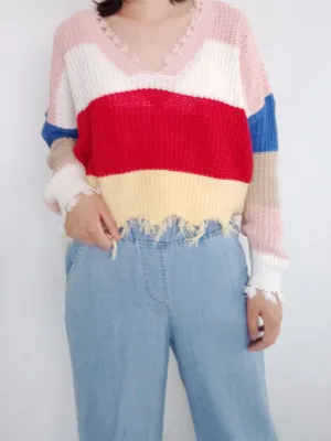 V-neck Rainbow Striped Pullover Tassel Loose Irregular Sweater
