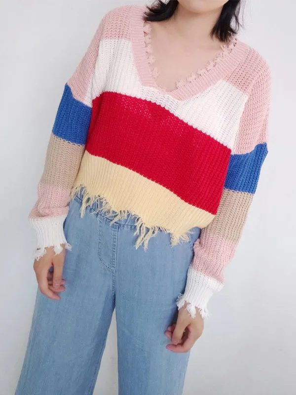 V-neck Rainbow Striped Pullover Tassel Loose Irregular Sweater