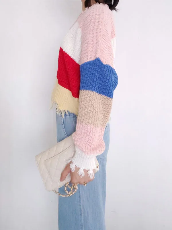 V-neck Rainbow Striped Pullover Tassel Loose Irregular Sweater