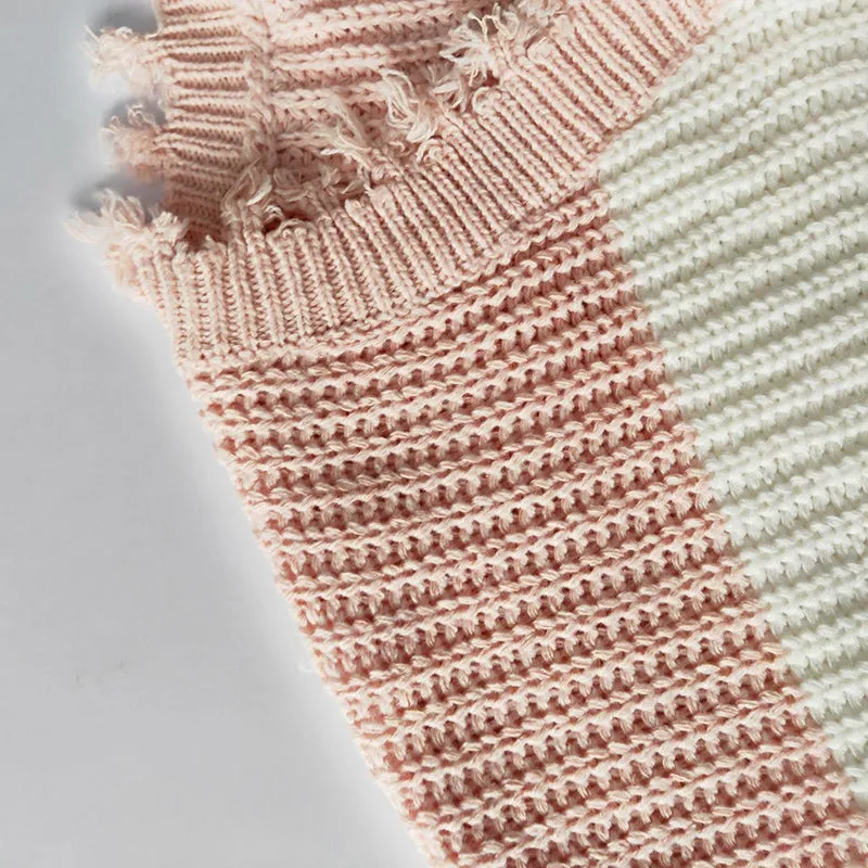 V-neck Rainbow Striped Pullover Tassel Loose Irregular Sweater