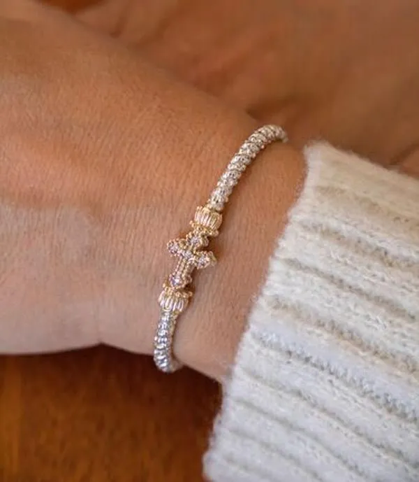 Vahan Sterling Silver & 14K Yellow Gold Small Diamond Cross Bangle Bracelet