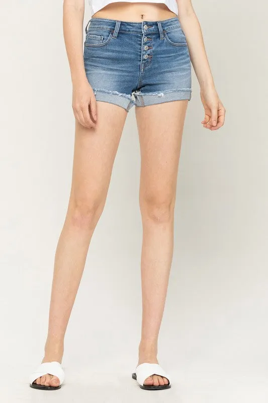 VERVET MID RISE BUTTON UP, WHISKERS, CUFFED RAW HEM