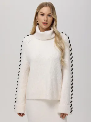 Vida: Whipstitch Sleeve Turtleneck Sweater White