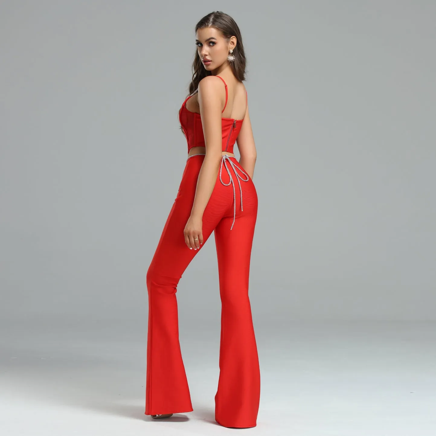 Waist Strap Flare Pants&Top Bandage Set