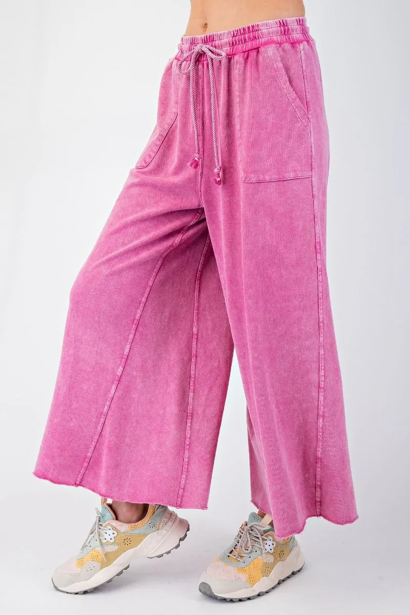 Washed Terry Knit Wide Leg Pants - Pink
