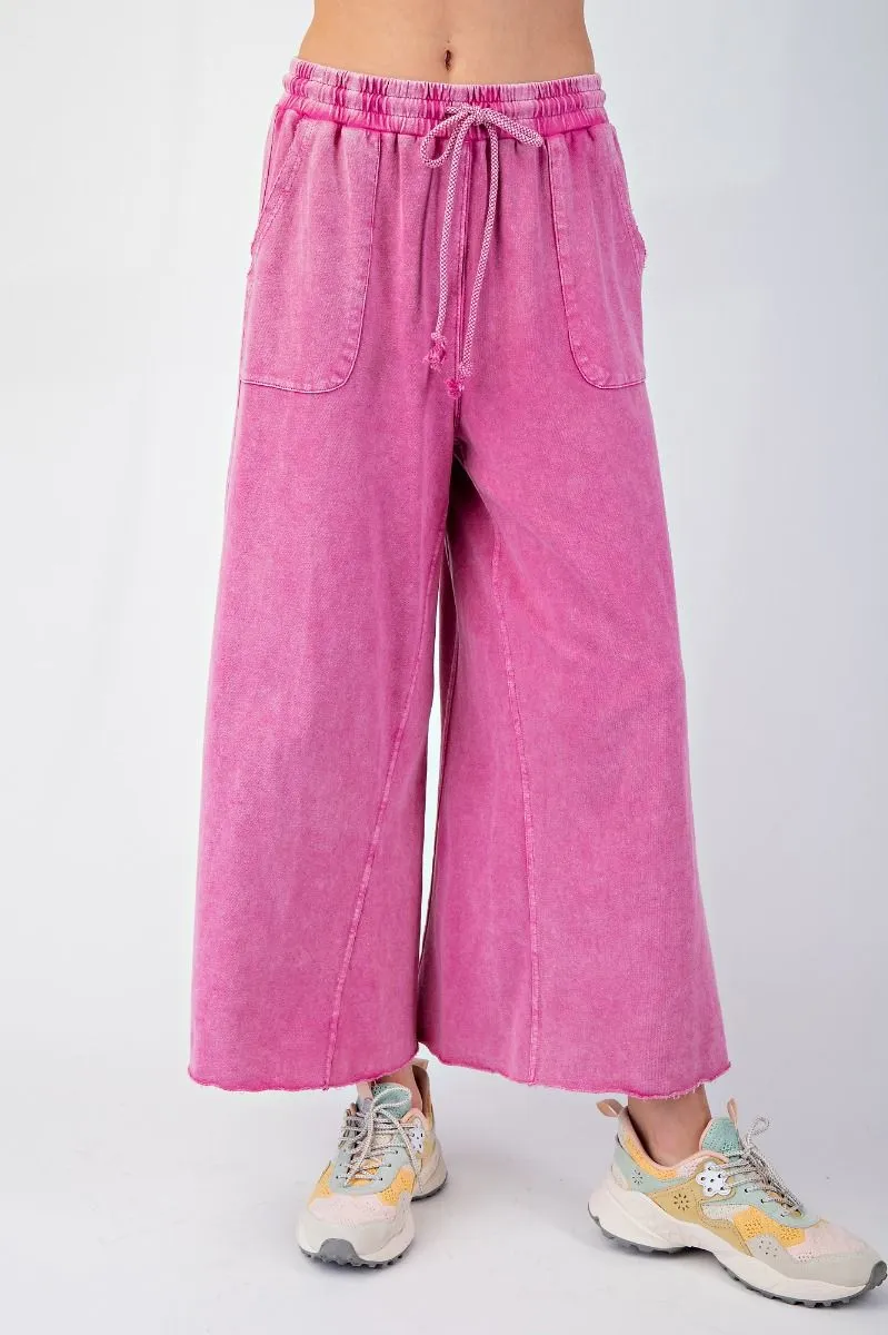 Washed Terry Knit Wide Leg Pants - Pink