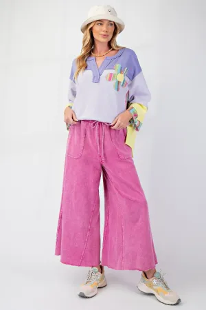 Washed Terry Knit Wide Leg Pants - Pink