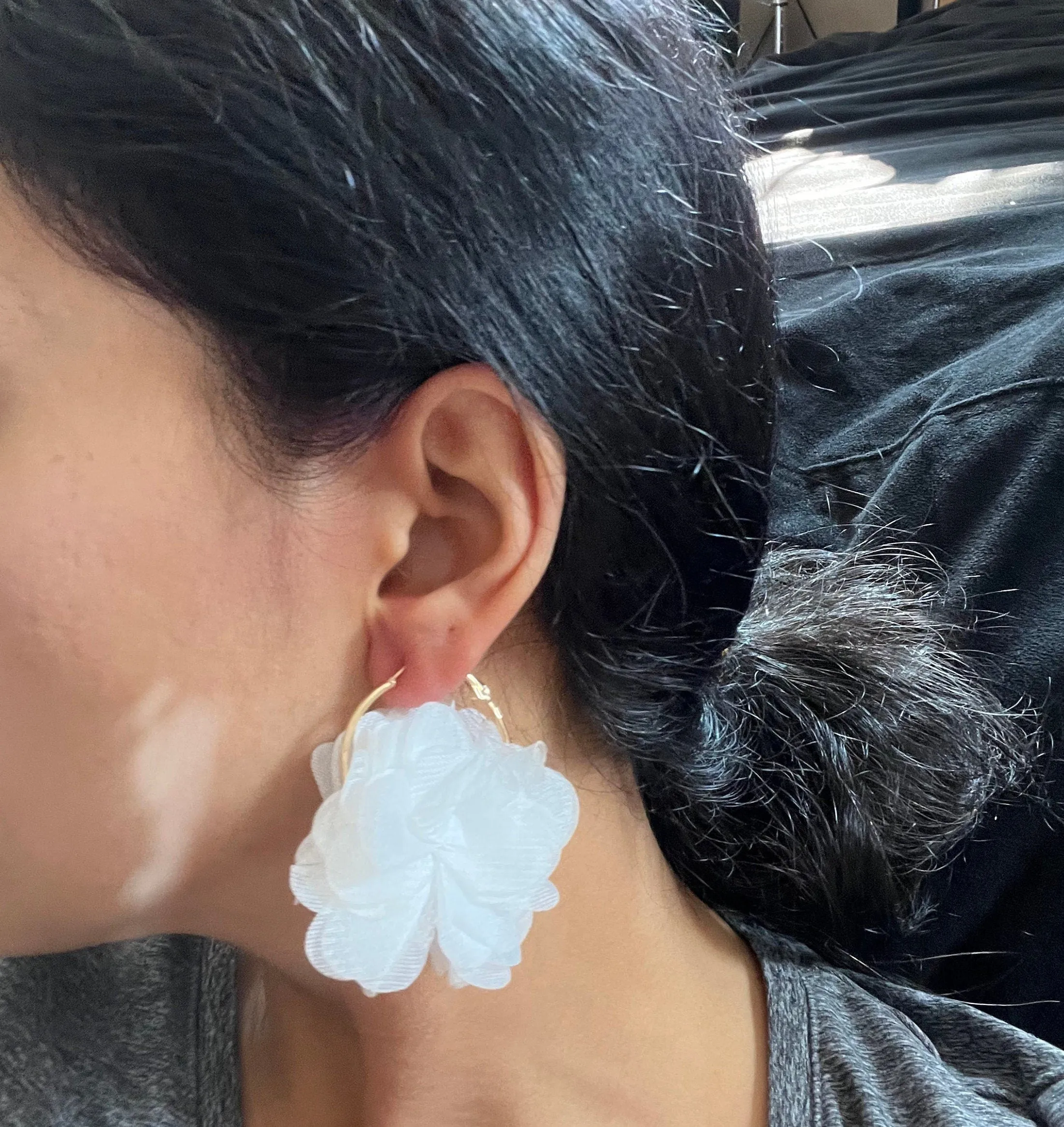 White flower earrings , white fabric feathered earrings , Snow White earrings , big white earrings , long white earrings floral