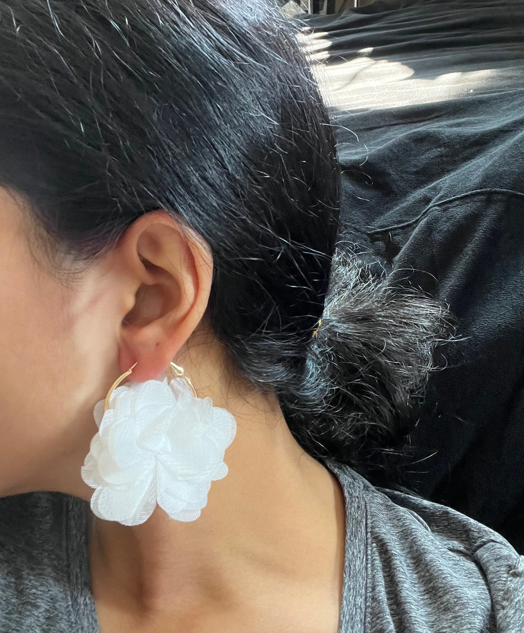 White flower earrings , white fabric feathered earrings , Snow White earrings , big white earrings , long white earrings floral