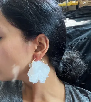 White flower earrings , white fabric feathered earrings , Snow White earrings , big white earrings , long white earrings floral