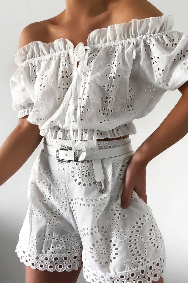 White Flower Embroidered Shorts  - Fable
