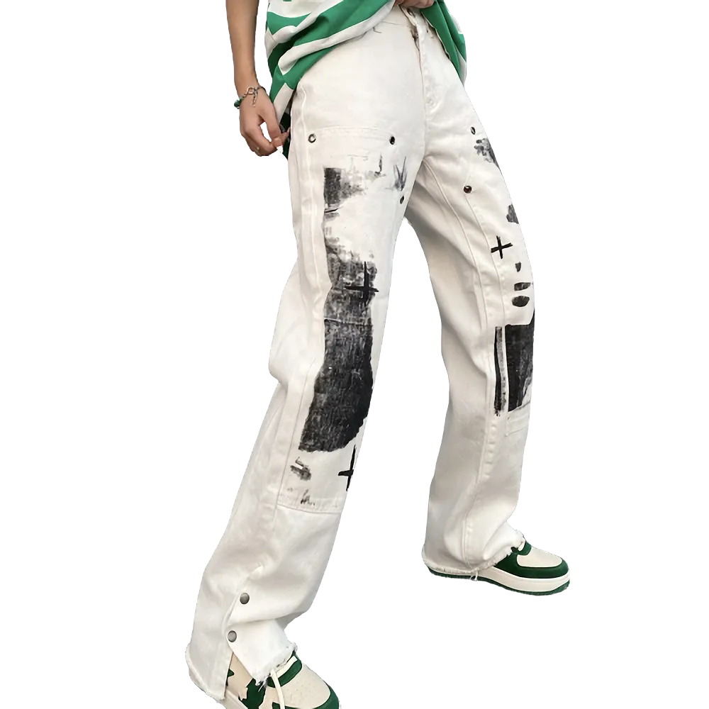 White Graphic Print Straight-Leg Denim Pants