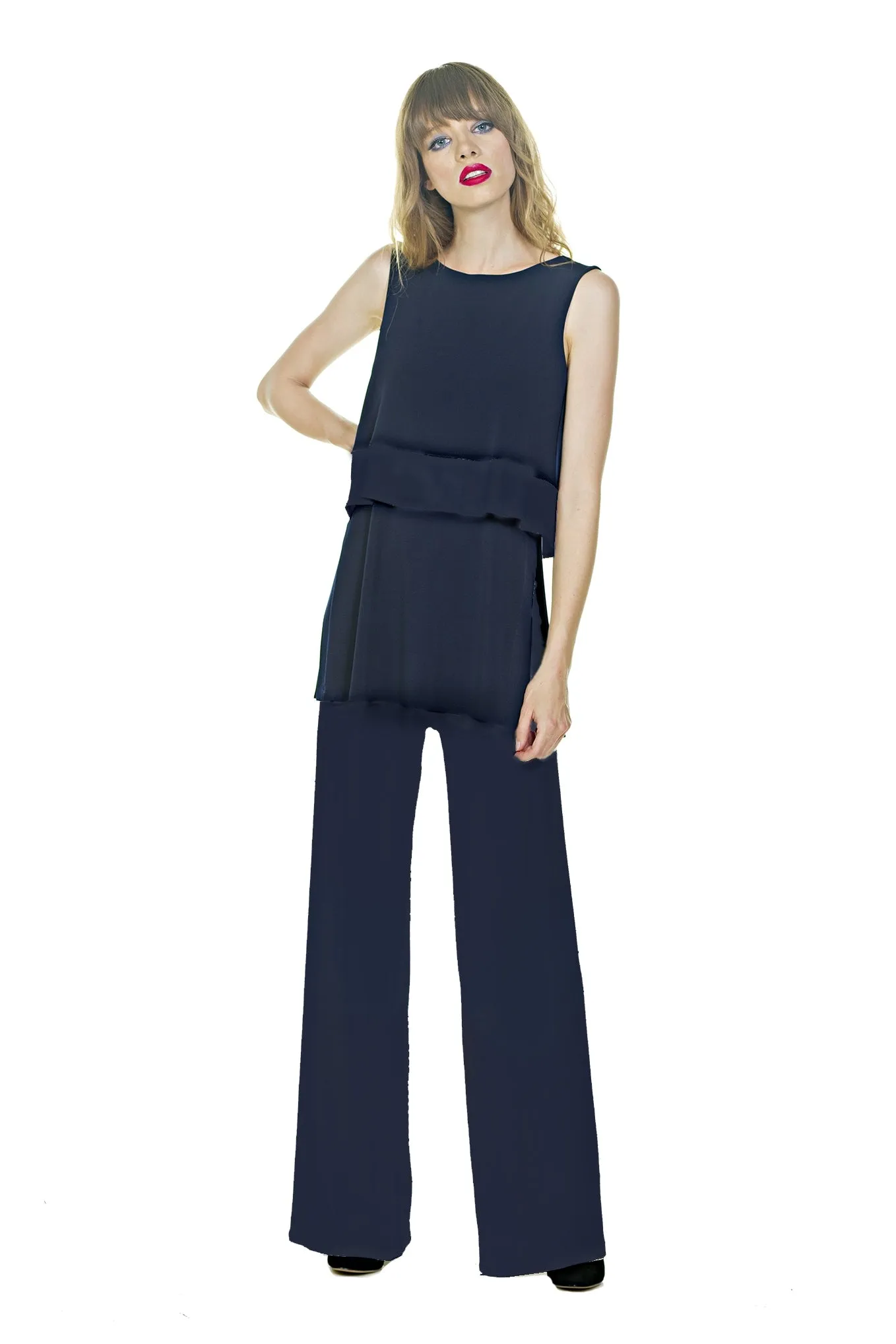 Wide Leg Palazzo Knit Pant - Navy