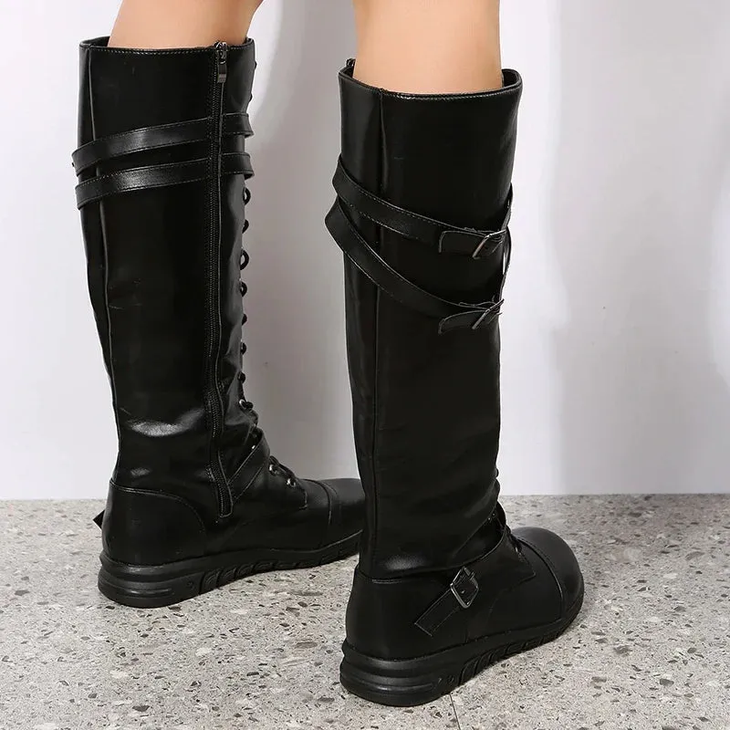 Winter Boots for Women 2023 Combat Cowboy Knee High Long Leather Platform Shoes Black Gothic New Rock Punk Solid Women's Boots