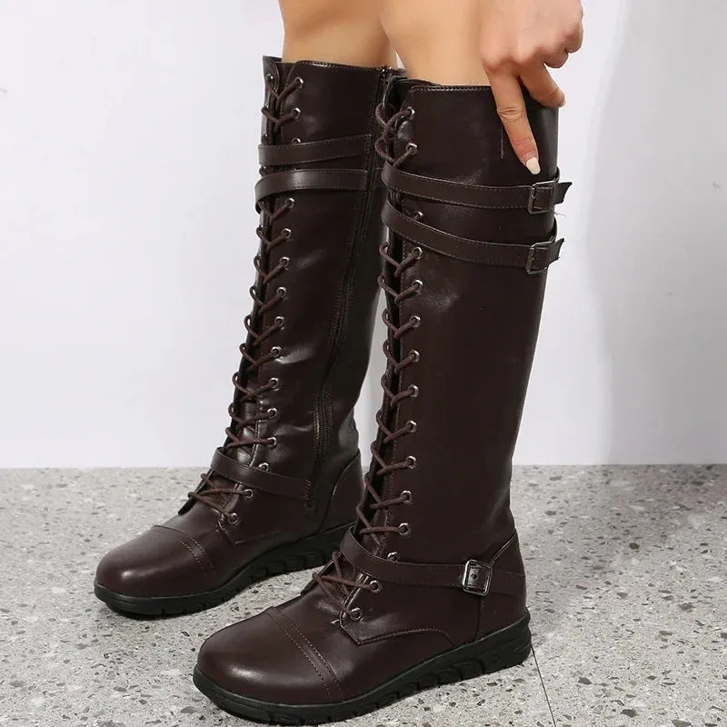 Winter Boots for Women 2023 Combat Cowboy Knee High Long Leather Platform Shoes Black Gothic New Rock Punk Solid Women's Boots
