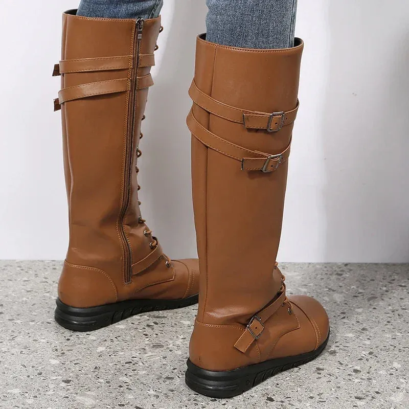 Winter Boots for Women 2023 Combat Cowboy Knee High Long Leather Platform Shoes Black Gothic New Rock Punk Solid Women's Boots