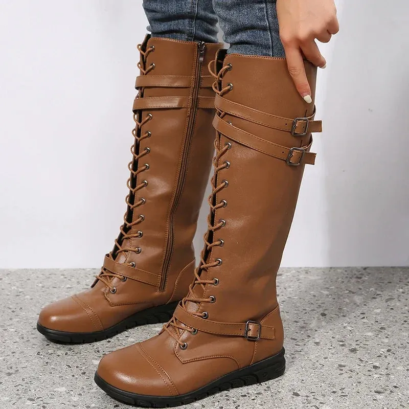 Winter Boots for Women 2023 Combat Cowboy Knee High Long Leather Platform Shoes Black Gothic New Rock Punk Solid Women's Boots