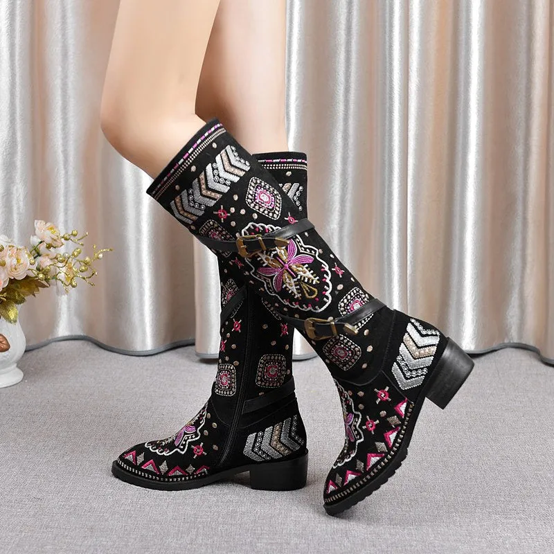 Women embroidery knee high boots