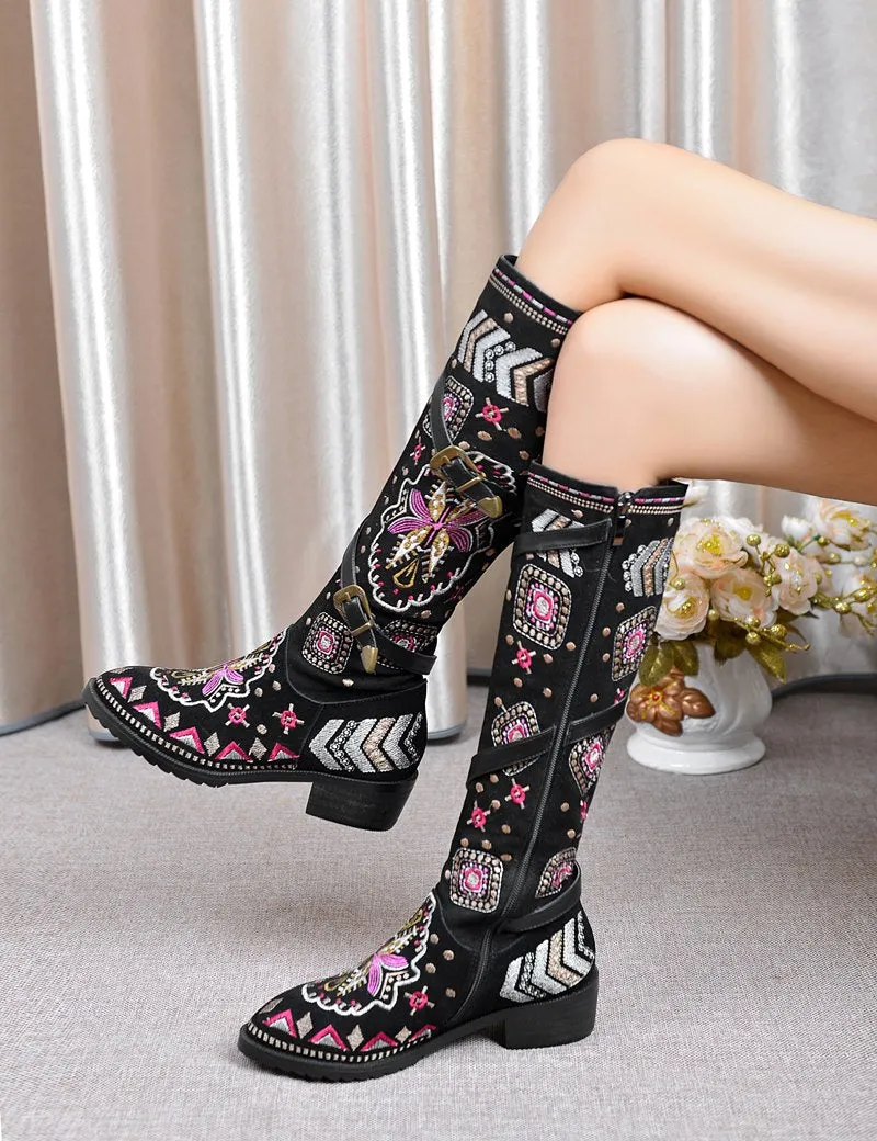 Women embroidery knee high boots