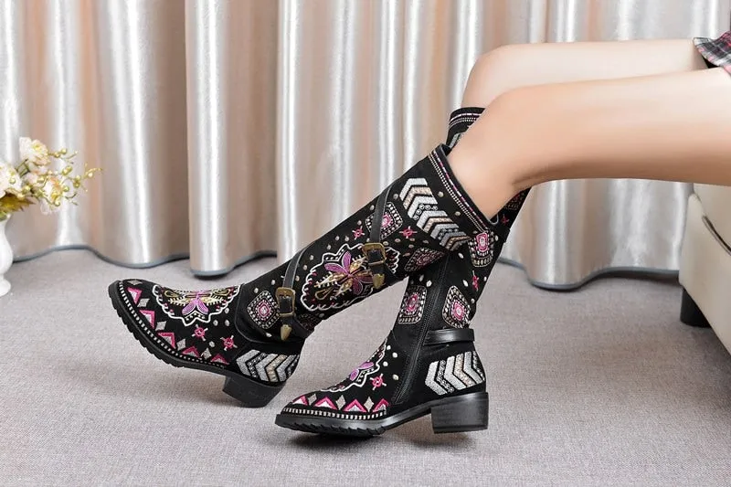 Women embroidery knee high boots