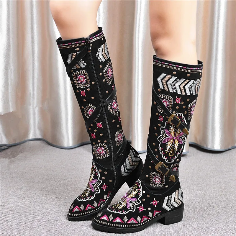 Women embroidery knee high boots