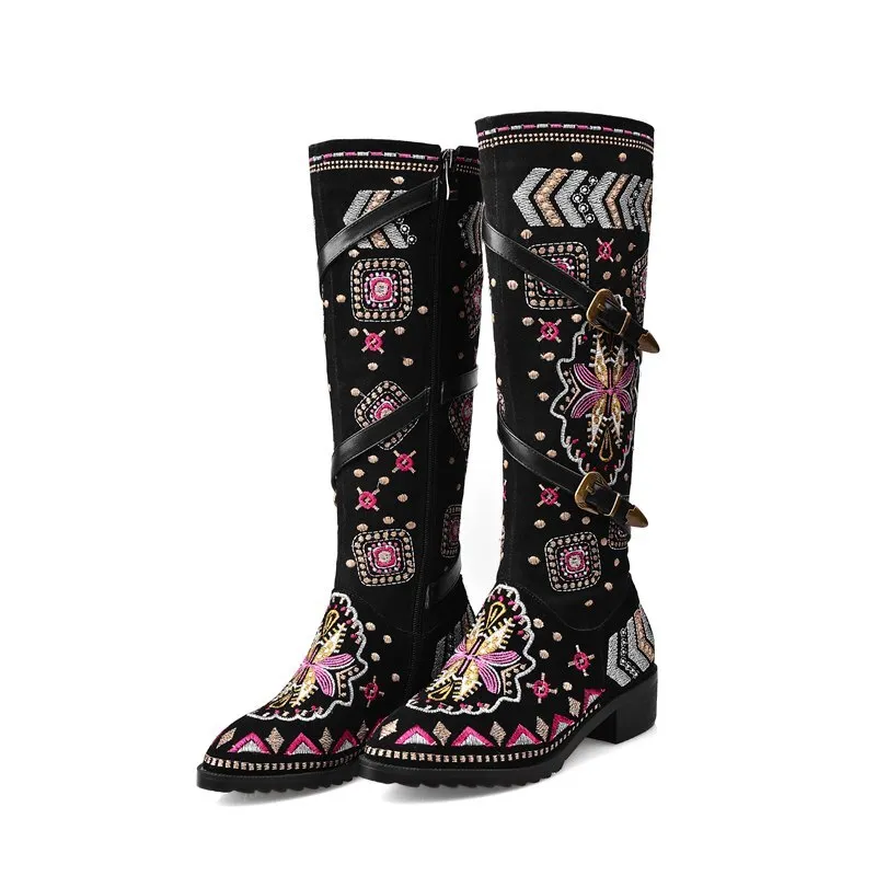 Women embroidery knee high boots