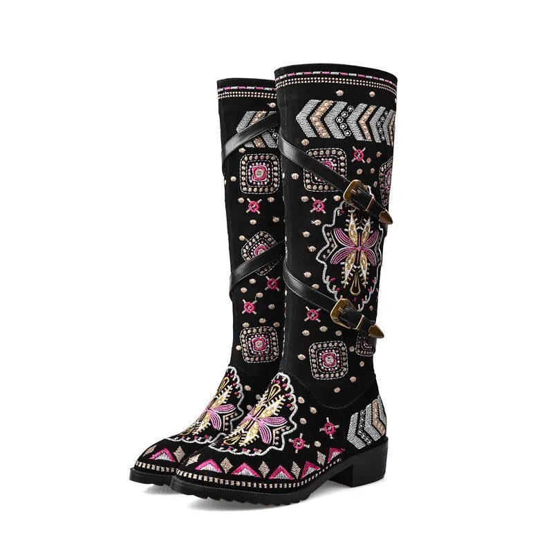 Women embroidery knee high boots