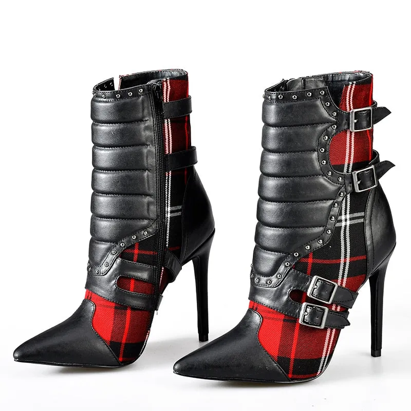 Women High Heels Ankle Boots for Women Pointed Toe Boots Ladies Red Plaid Boots Motorcycle Boots
