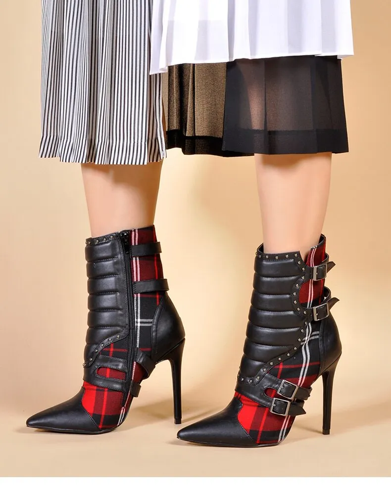 Women High Heels Ankle Boots for Women Pointed Toe Boots Ladies Red Plaid Boots Motorcycle Boots