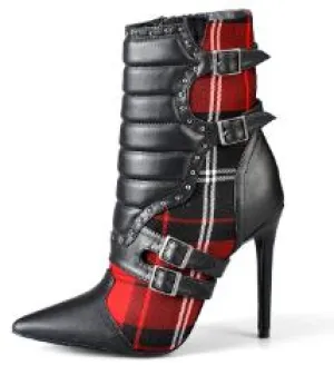 Women High Heels Ankle Boots for Women Pointed Toe Boots Ladies Red Plaid Boots Motorcycle Boots