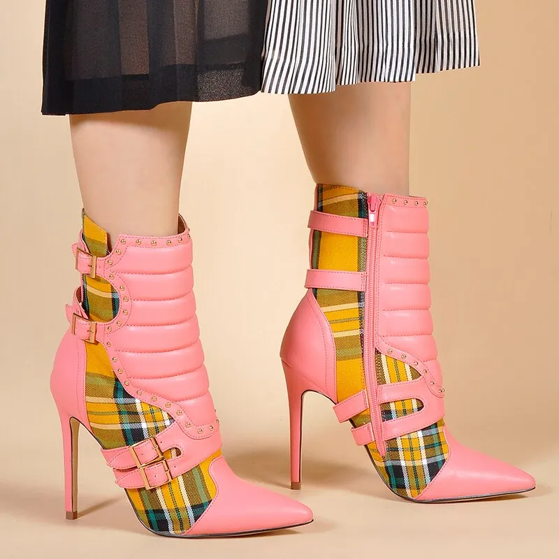 Women High Heels Ankle Boots for Women Pointed Toe Boots Ladies Red Plaid Boots Motorcycle Boots