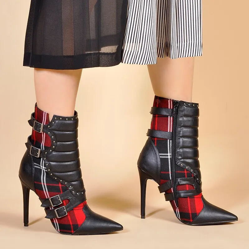 Women High Heels Ankle Boots for Women Pointed Toe Boots Ladies Red Plaid Boots Motorcycle Boots