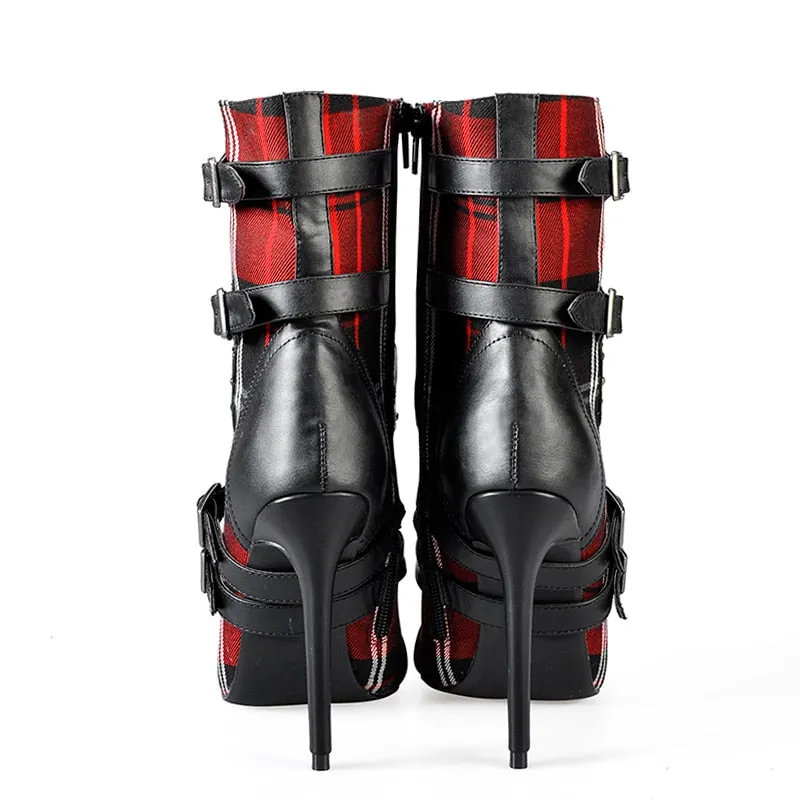 Women High Heels Ankle Boots for Women Pointed Toe Boots Ladies Red Plaid Boots Motorcycle Boots