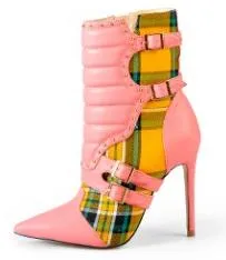 Women High Heels Ankle Boots for Women Pointed Toe Boots Ladies Red Plaid Boots Motorcycle Boots