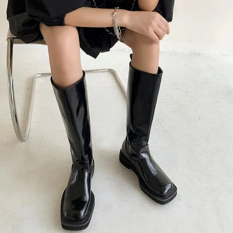 Women Knee-high boots cowhide upper square toe high boots