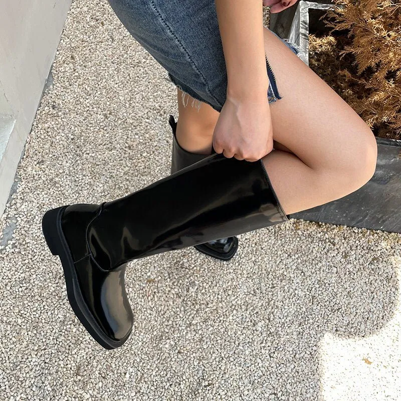 Women Knee-high boots cowhide upper square toe high boots