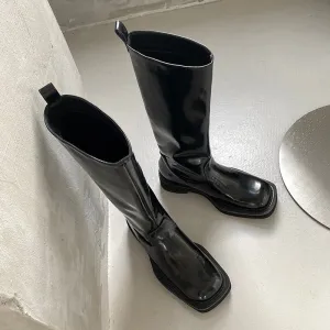 Women Knee-high boots cowhide upper square toe high boots
