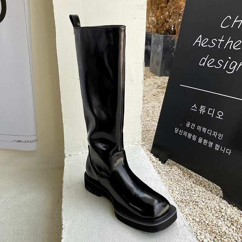 Women Knee-high boots cowhide upper square toe high boots