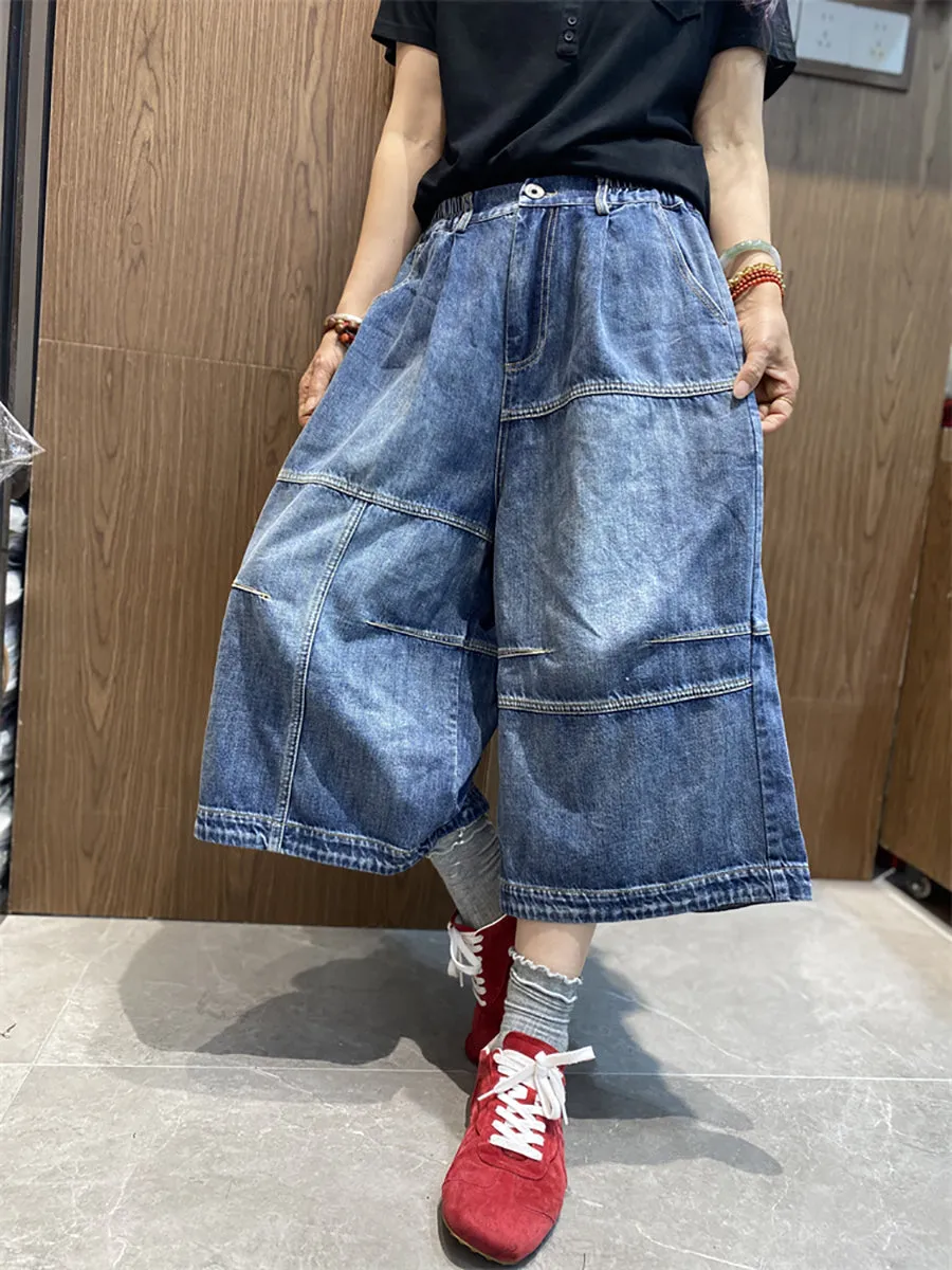 Women Retro Spliced Denim Wide-leg Pants